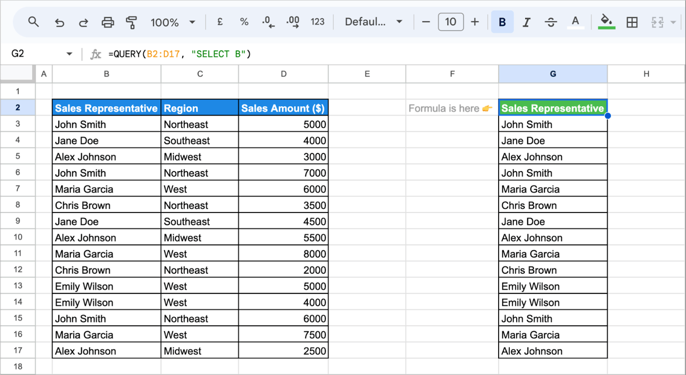 Google Sheets with the formula =QUERY(B2:D17, “SELECT B”) returning the Sales Representative column