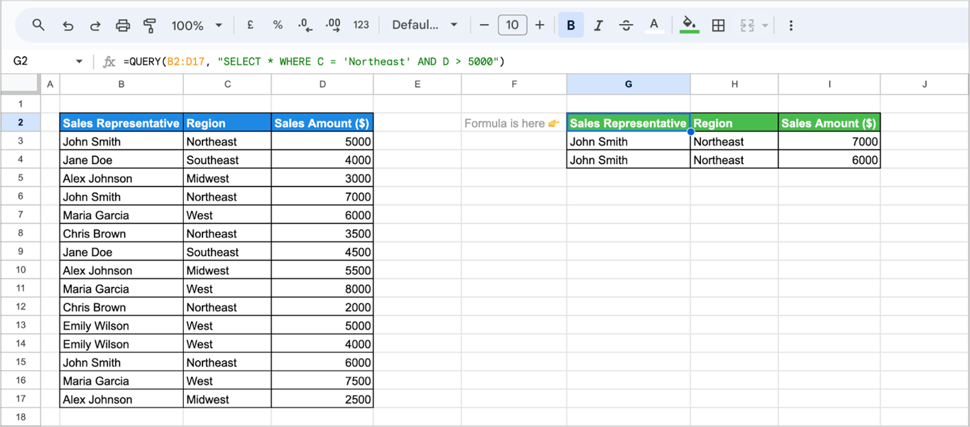 Google Sheets with a QUERY formula returning the two Northeast sales above 5000