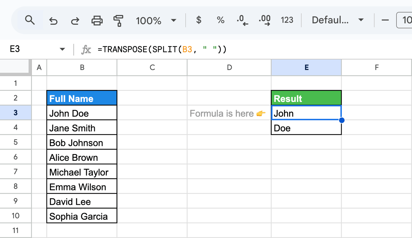 Google Sheets with TRANSPOSE and SPLIT turning a split name into a column of rows.