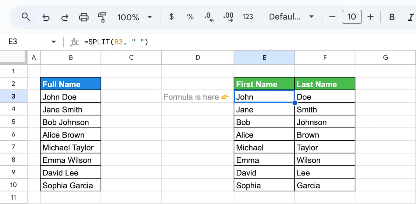 Google Sheets with =SPLIT(B3, “ “) separating full names into first and last name columns.