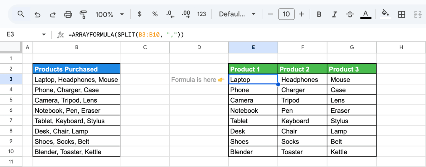 Google Sheets with ARRAYFORMULA and SPLIT splitting a whole column of products at once.