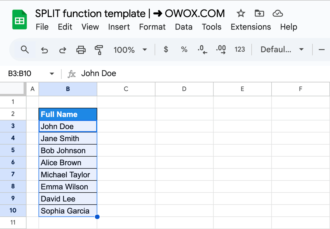 A Google Sheet titled “SPLIT function template” with a column of full names selected.