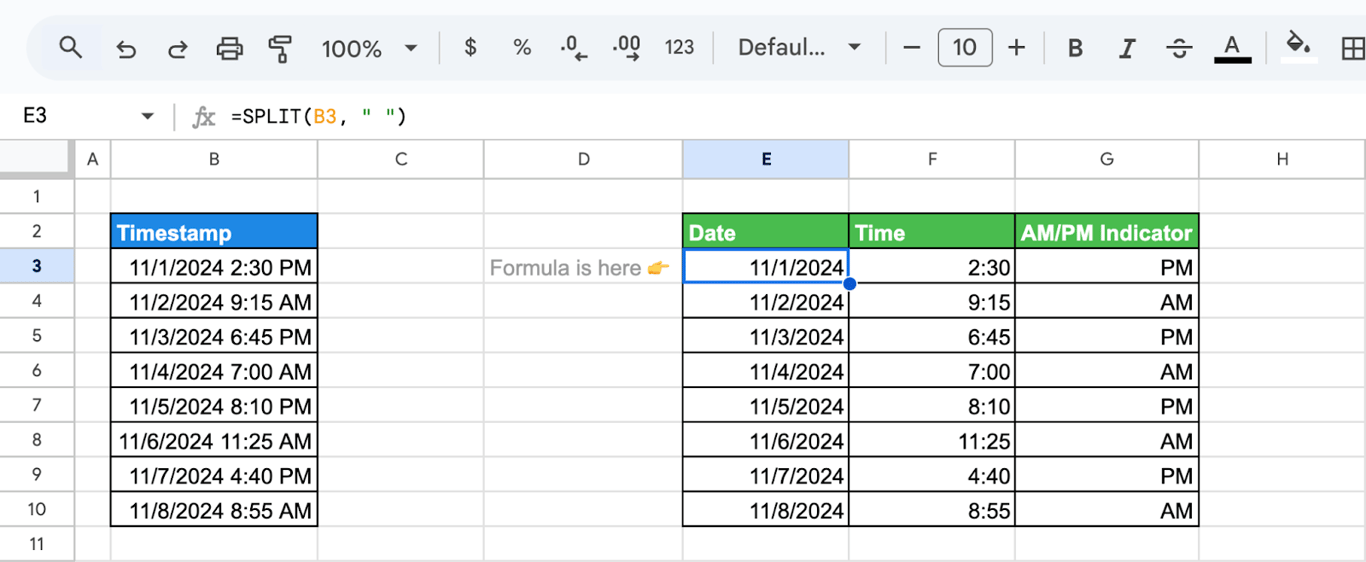 Google Sheets with =SPLIT(B3, “ “) separating a timestamp into date, time and AM/PM columns.