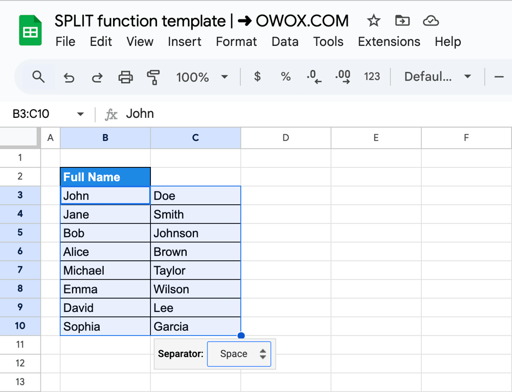Google Sheets with a Space separator applied, splitting full names into two columns.