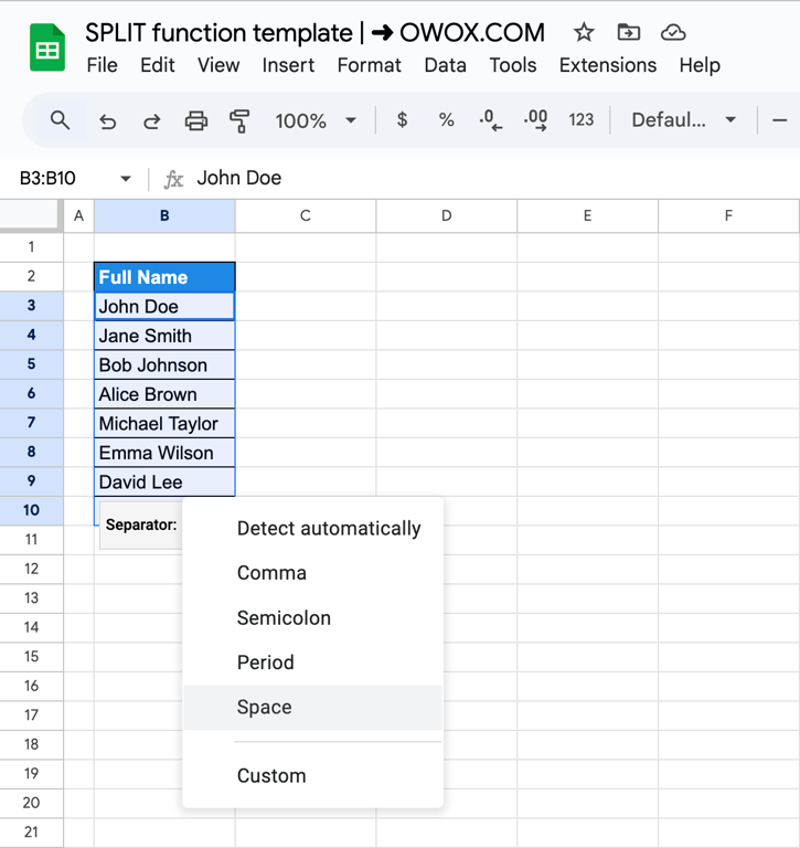 The Split text to columns separator menu, offering Detect automatically, Comma, Semicolon, Period, Space and Custom.