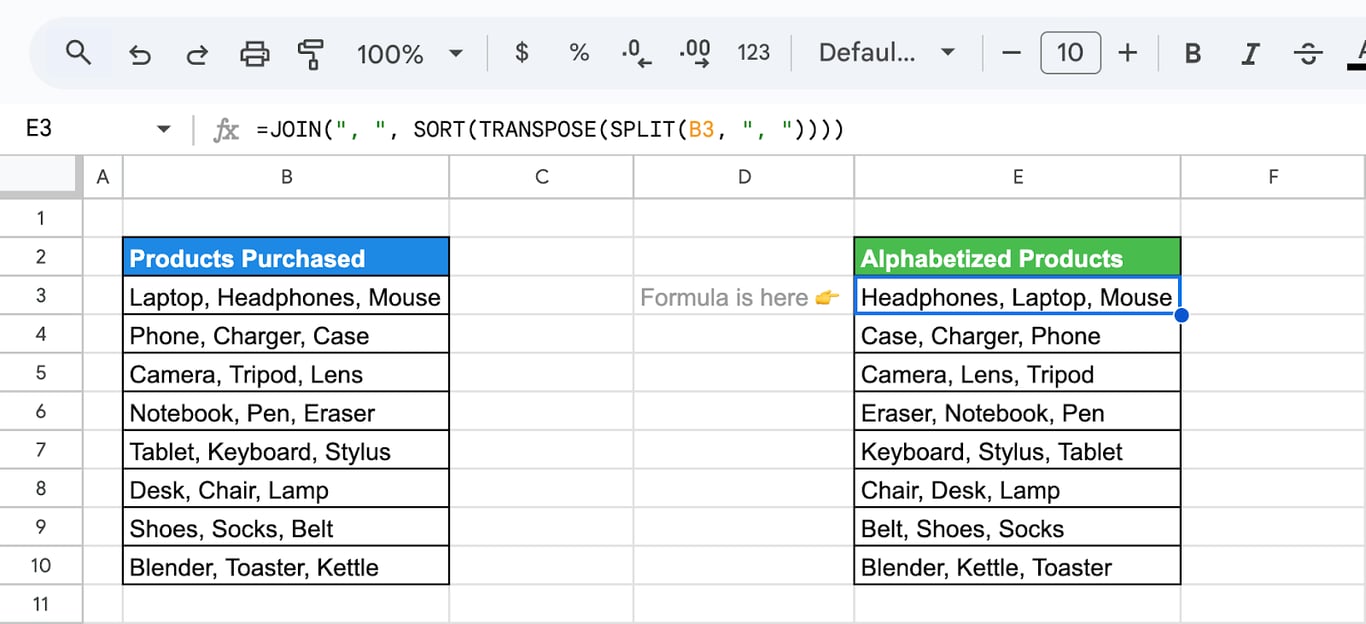 Google Sheets with JOIN, SORT, TRANSPOSE and SPLIT alphabetising the items in each list.