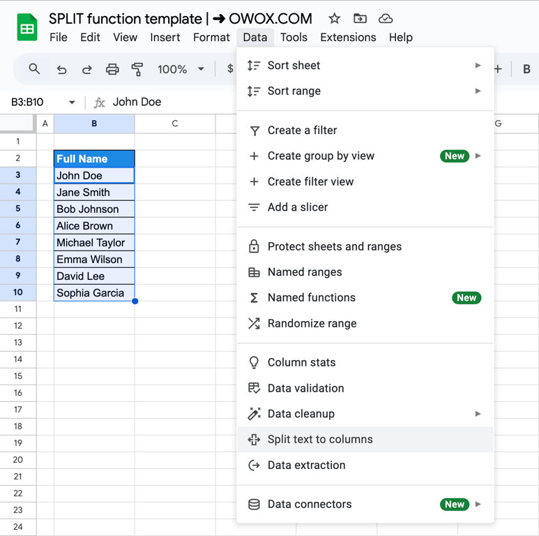 The Data menu in Google Sheets open, with Split text to columns highlighted.