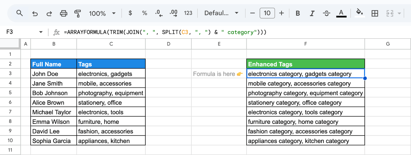 Google Sheets with SPLIT, ARRAYFORMULA and JOIN adding the word “category” to each tag.