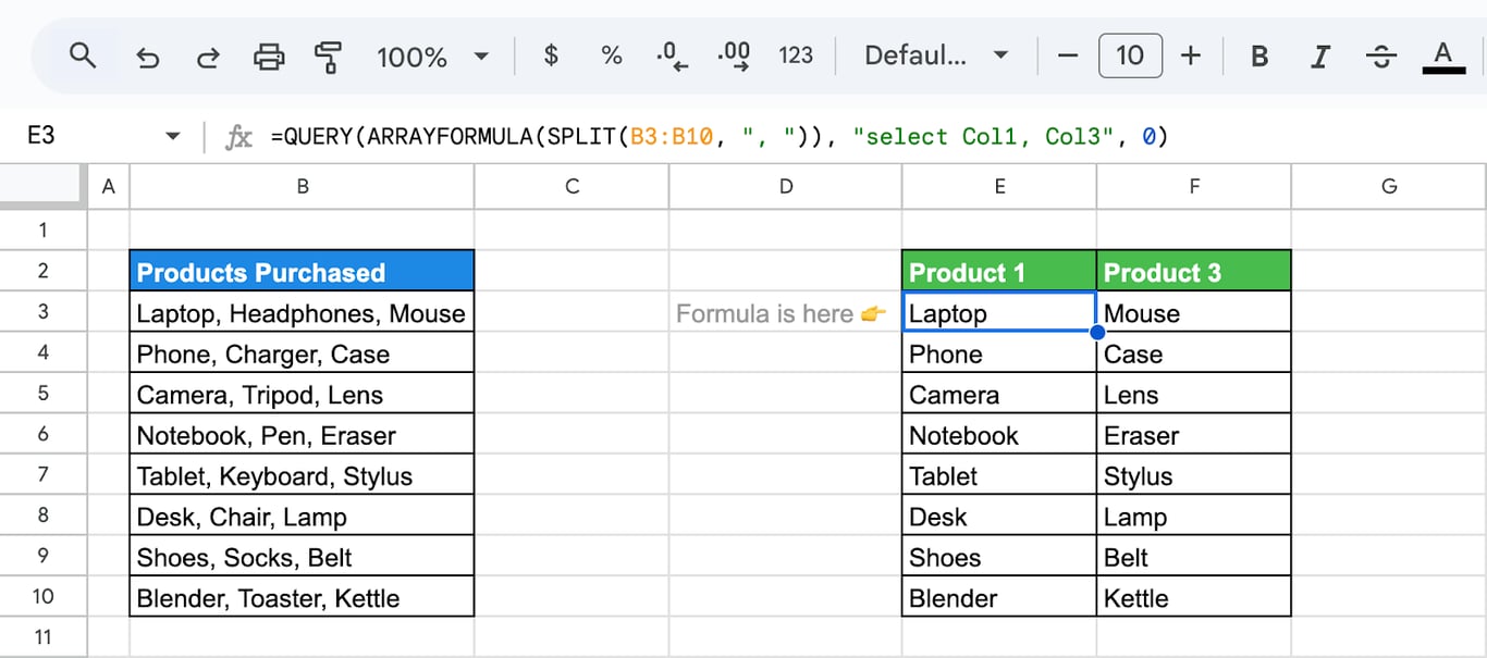 Google Sheets with QUERY, ARRAYFORMULA and SPLIT dropping an unwanted column from the split result.