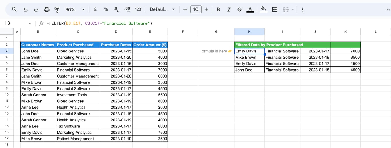 Google Sheets with the formula =FILTER(B3:E17, C3:C17=“Financial Software”) in H3 returning the orders of Financial Software