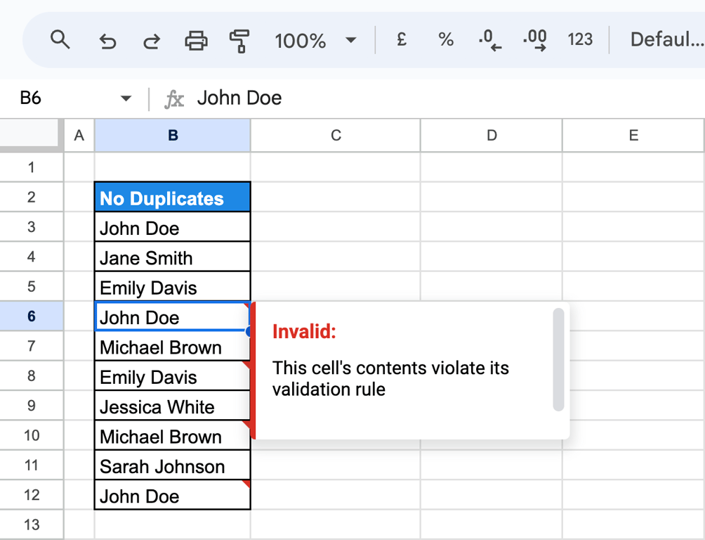 A column of names in Google Sheets with a repeated John Doe flagged as invalid by the validation rule