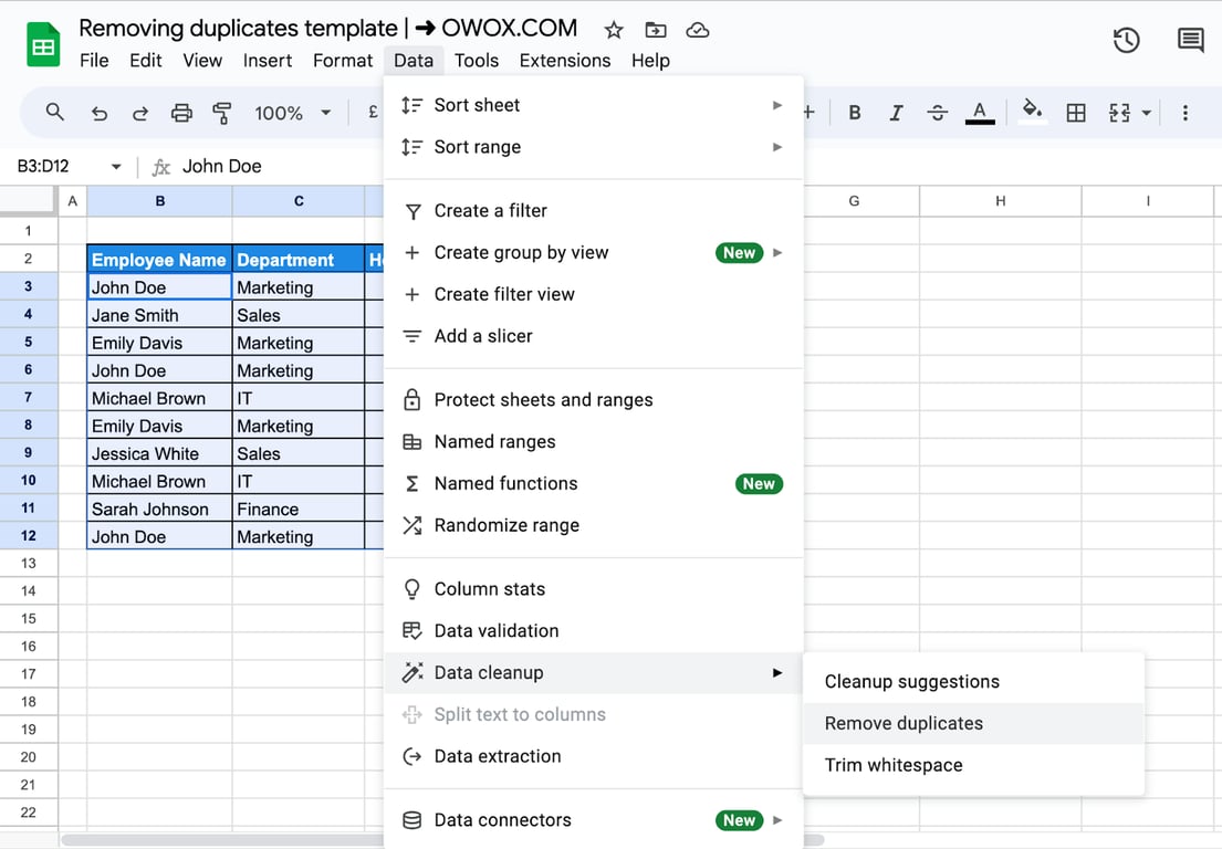 The Data menu in Google Sheets with Data cleanup open and the Remove duplicates item