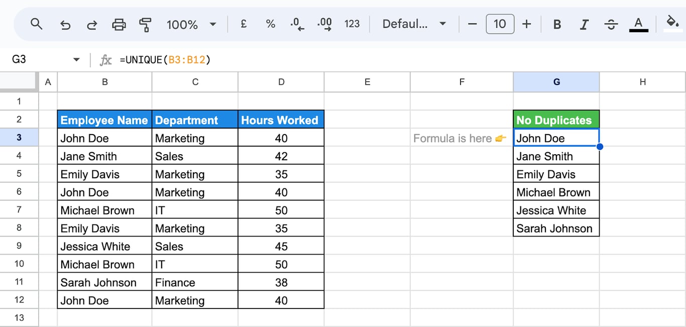 Google Sheets with employee names in B3:B12 and the formula =UNIQUE(B3:B12) returning each name once