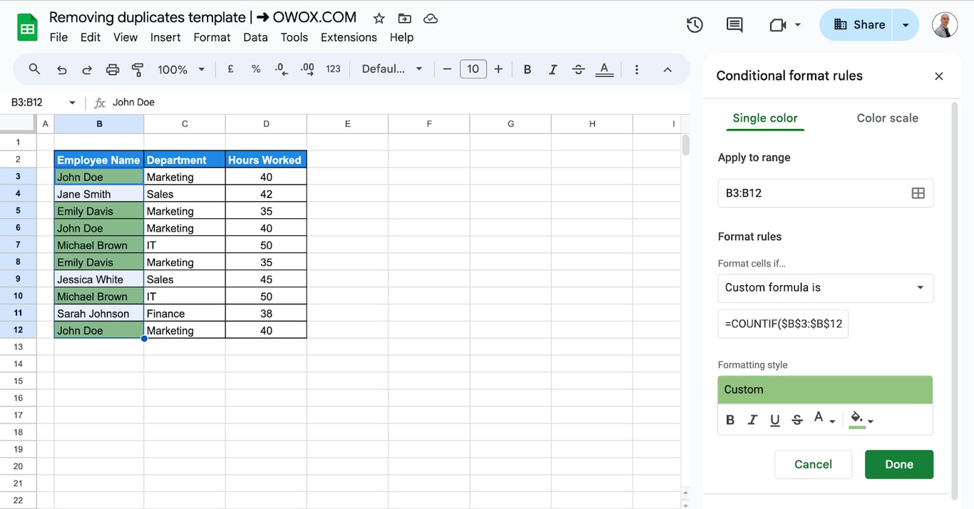 The conditional format rules panel in Google Sheets applied to B3:B12 with a custom COUNTIF formula, and the repeated names shaded green