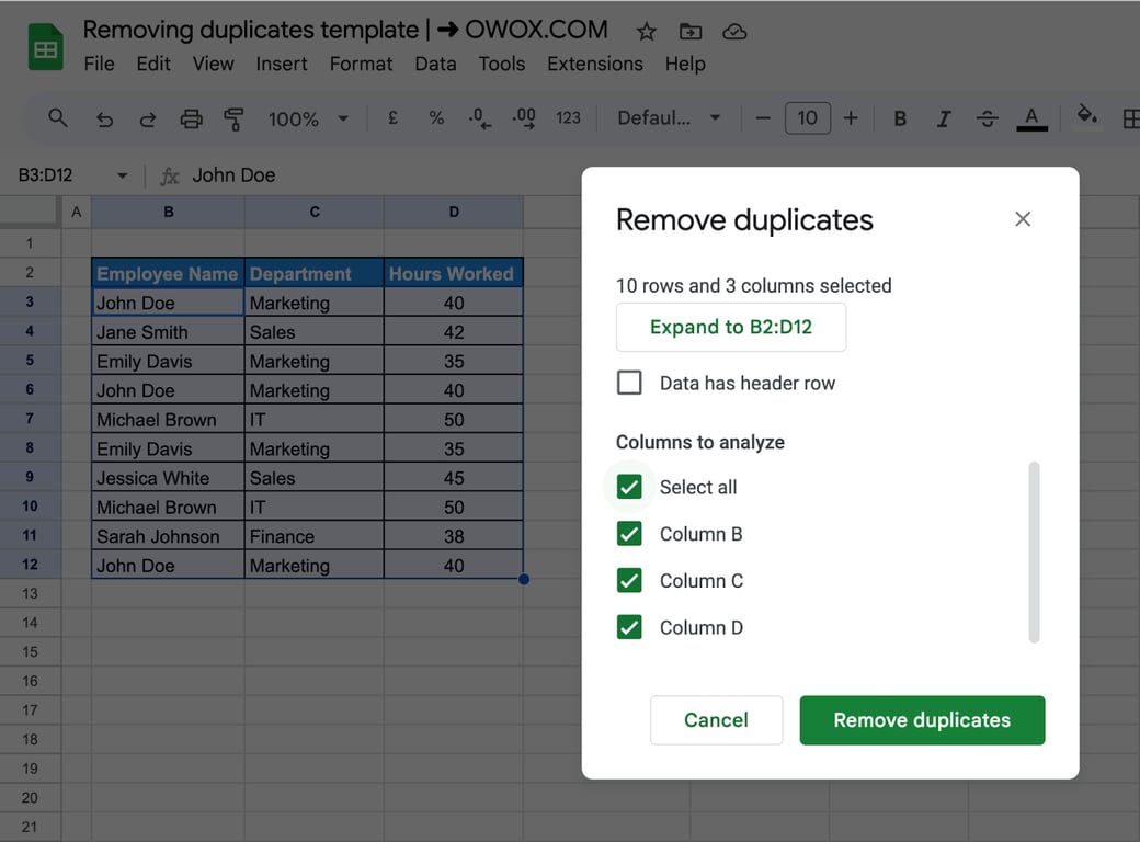The Remove duplicates dialog in Google Sheets with the Data has header row checkbox and a list of columns B, C and D to analyze