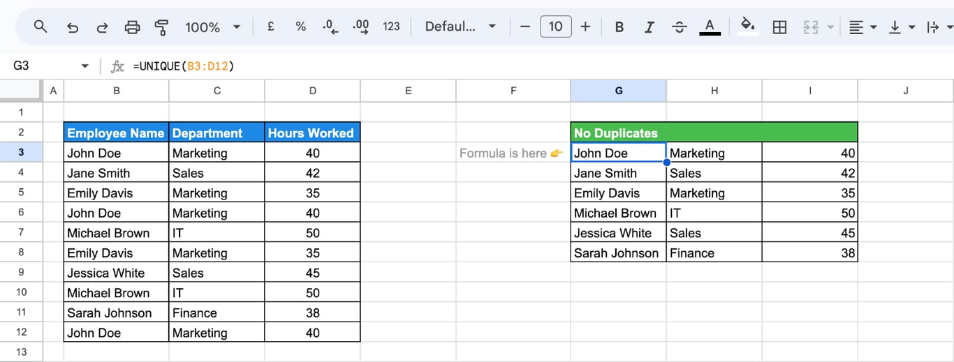 Google Sheets with a three-column table and the formula =UNIQUE(B3:D12) returning the six different rows