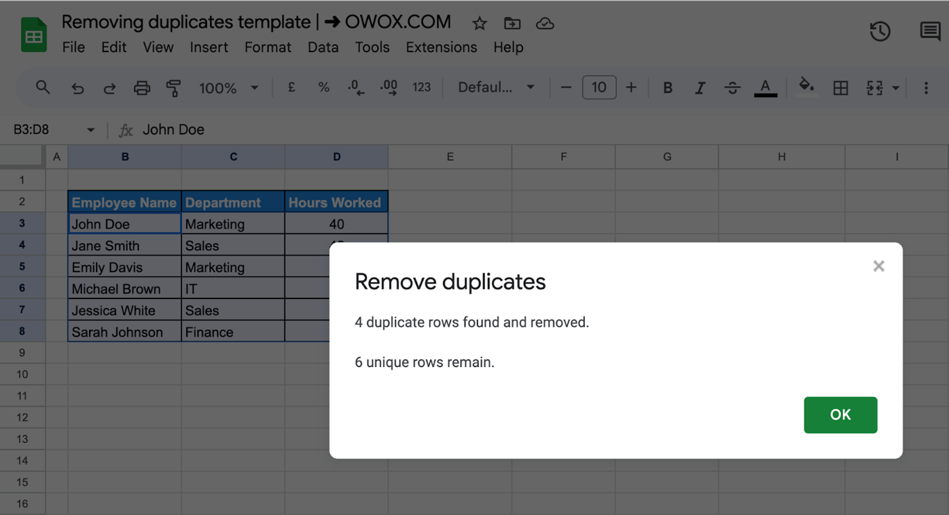 A message in Google Sheets: 4 duplicate rows found and removed, 6 unique rows remain