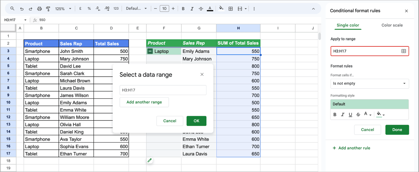 Conditional formatting settings open with a selected data range in a pivot table column.