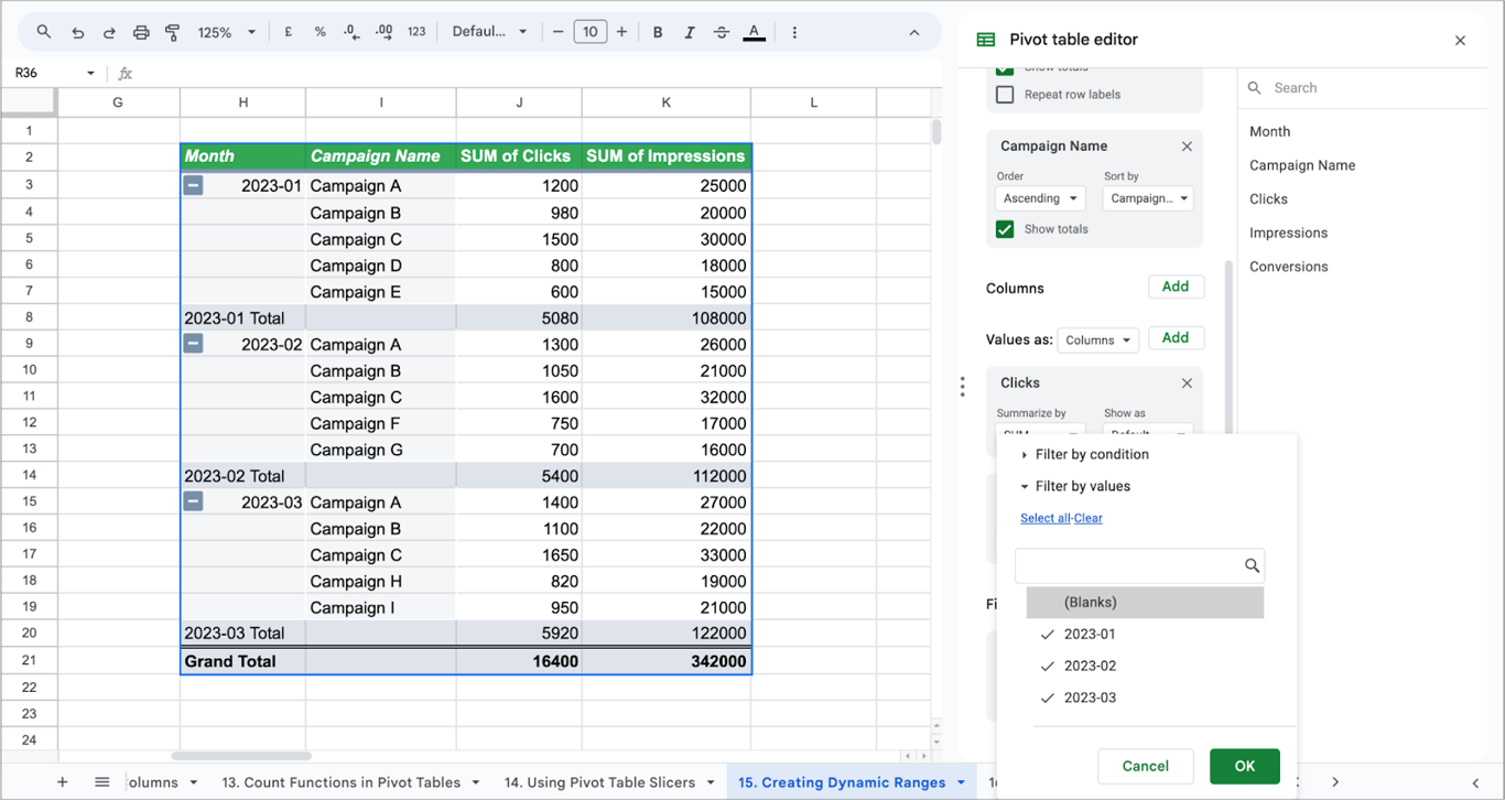 Pivot table showing filtered campaign data by month with selected values in the filter menu.