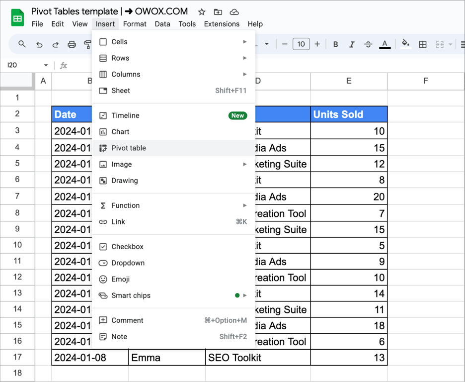 Google Sheets menu with the Insert tab open and Pivot table option highlighted, showing how to start creating a pivot table.