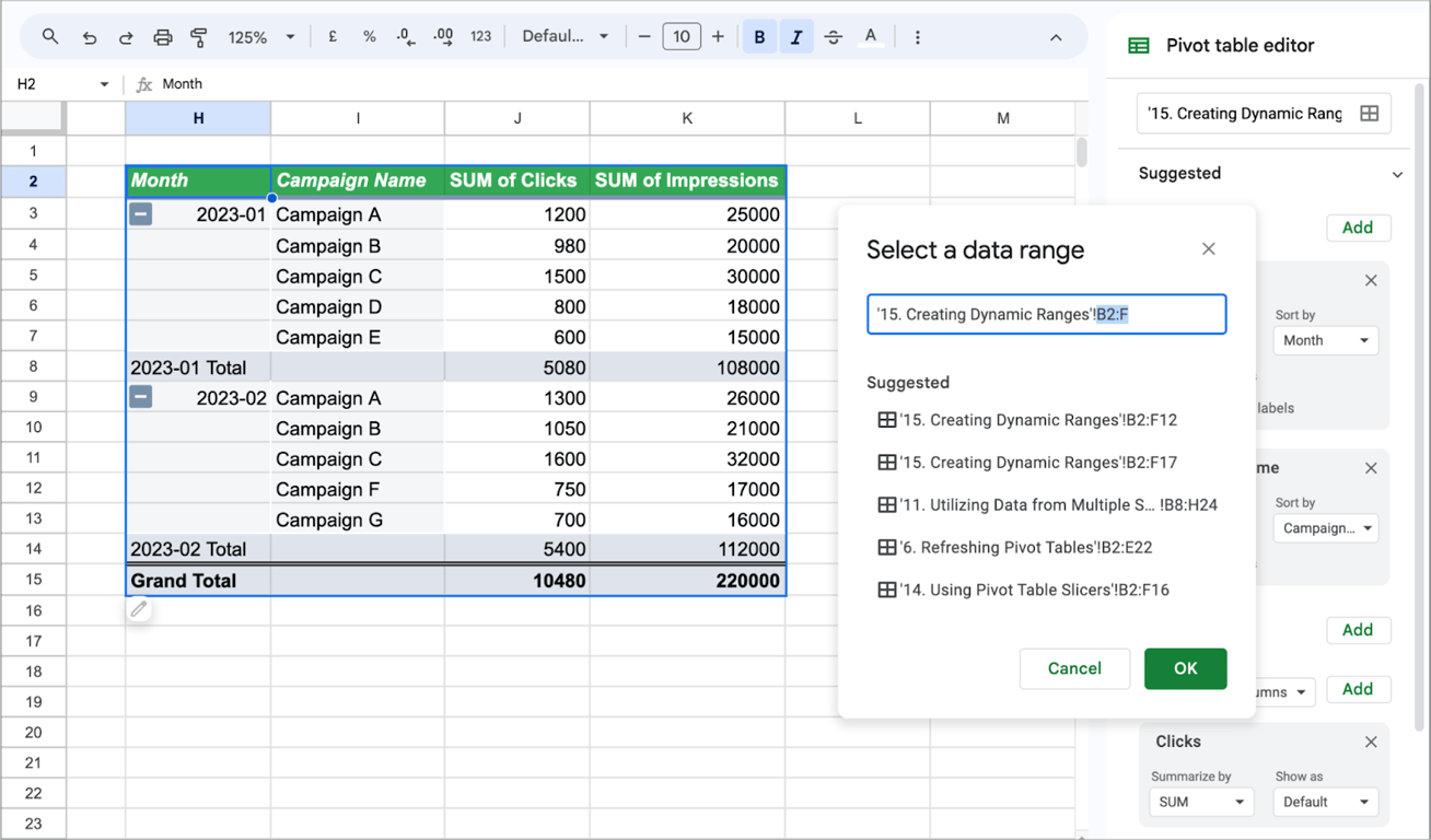 Pivot table editor in Google Sheets showing a pop-up to select a dynamic data range from a worksheet.