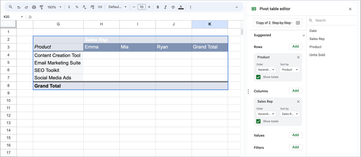 A blank pivot table layout in Google Sheets with columns, rows, and values sections, ready for configuration using the Pivot Table Editor.