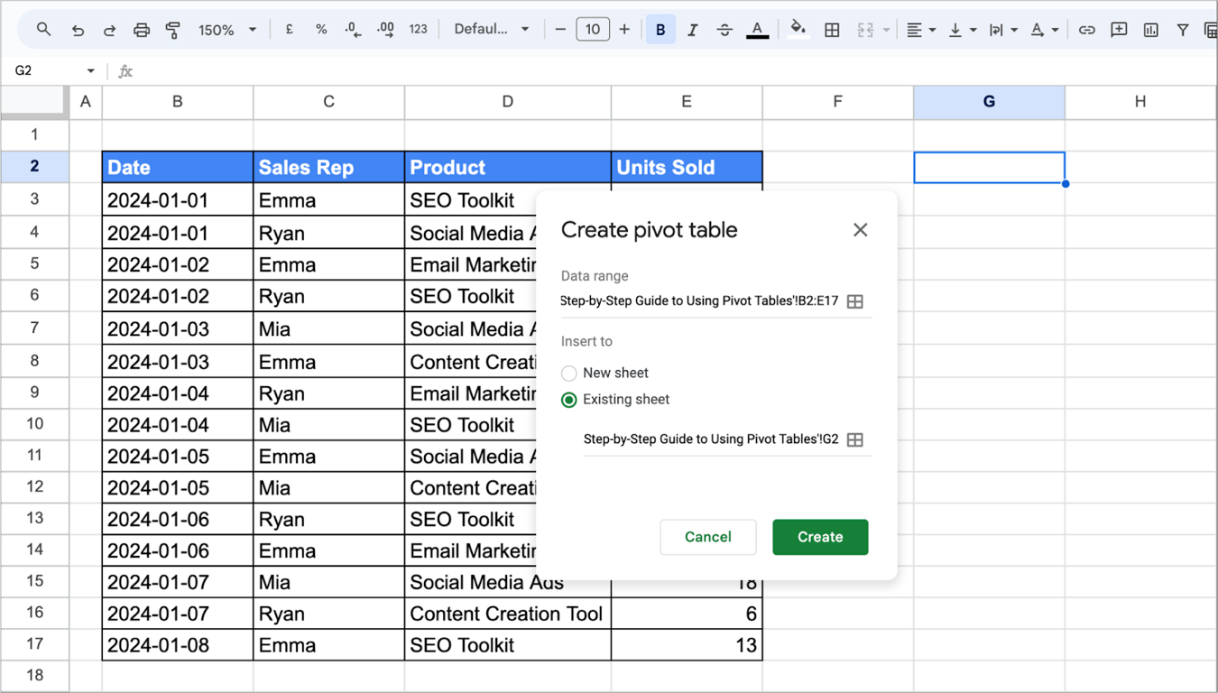 A pop-up window in Google Sheets showing the ‘Create pivot table’ dialog with options to insert the pivot table into a new or existing sheet.