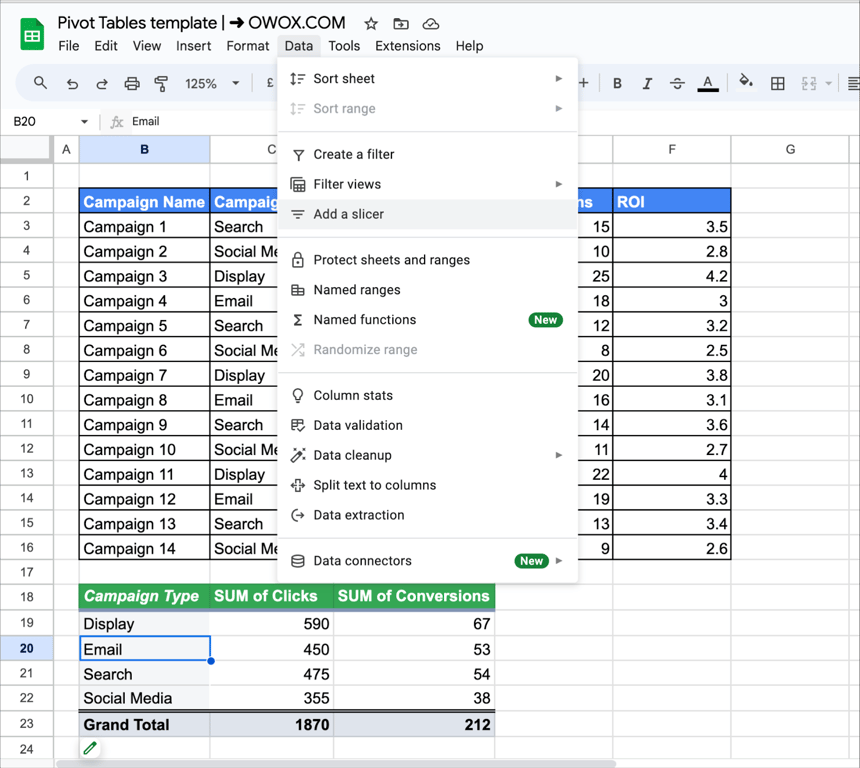 Google Sheets interface showing the “Add a slicer” option selected from the Data menu to filter pivot table data.