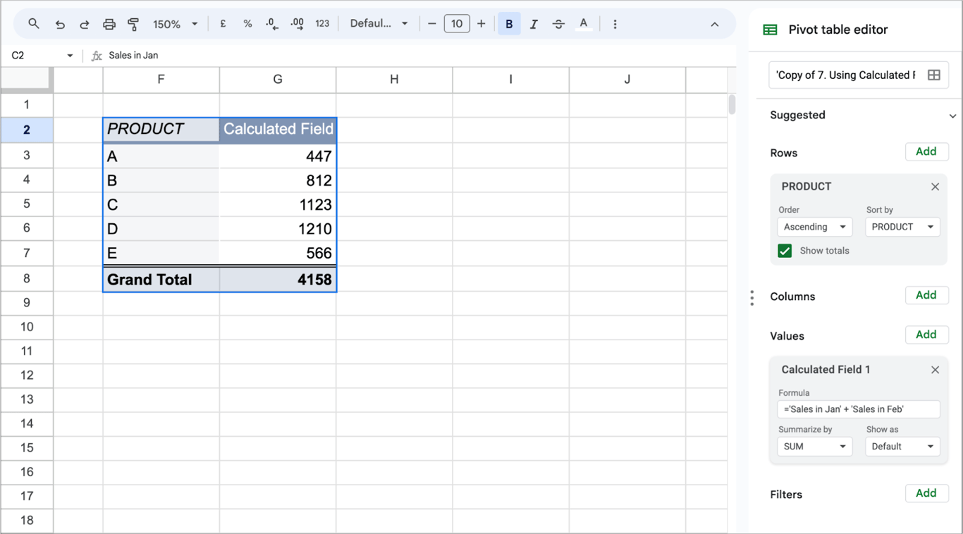 Pivot table in Google Sheets displaying a calculated field that sums January and February sales for each product, along with a Grand Total.
