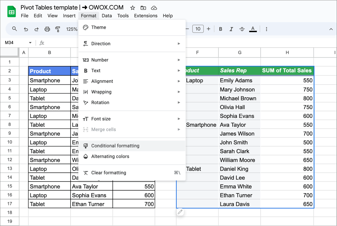 Format menu opened in a spreadsheet while using pivot table with ‘Conditional formatting’ highlighted.