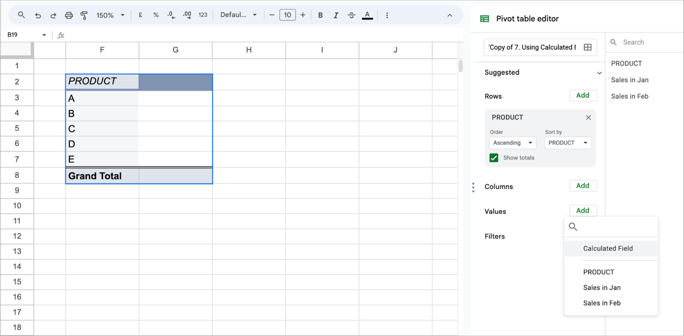 Pivot table in Google Sheets showing product names as rows, but no data values added yet.