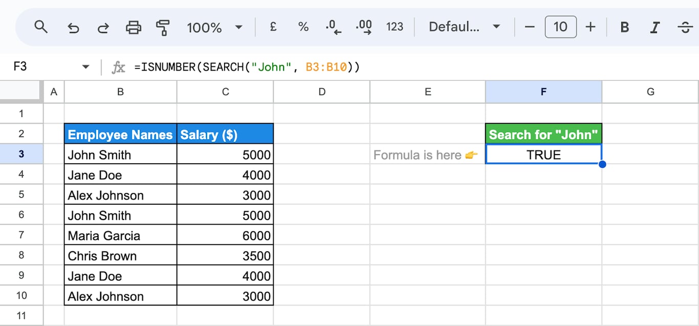 Using the SEARCH function in Google Sheets alongside ISNUMBER to check if a text string contains specific words.