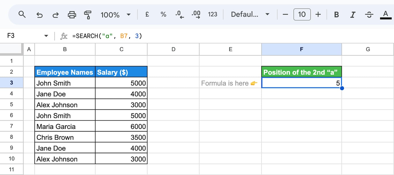 Conducting searches starting at a specified position in the text using the SEARCH function.