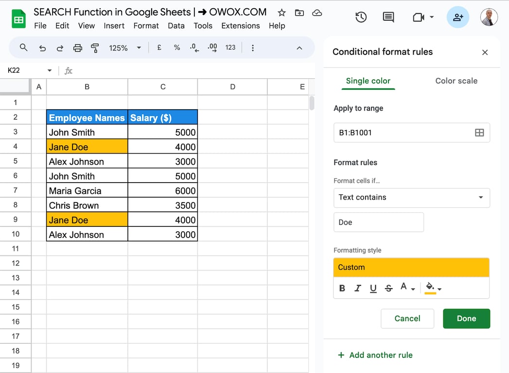 Using conditional formatting to highlight cells based on the results of the SEARCH function.