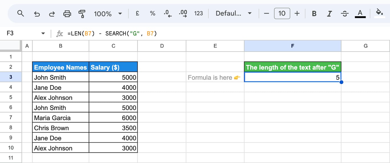Using the SEARCH function together with the LEN function to perform complex text operations.