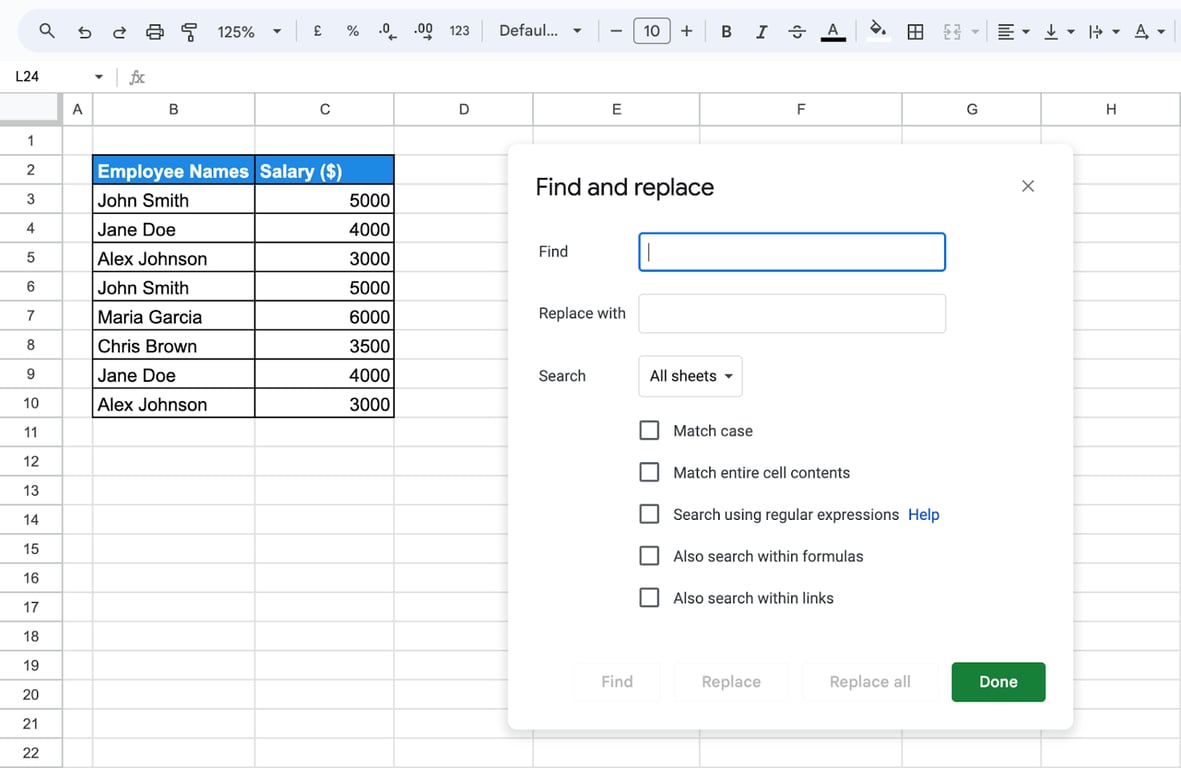 Utilizing Google Sheets’ Find and Replace feature to search and modify text data across the sheet.