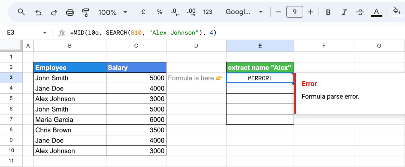 #ERROR! message in the SEARCH function indicating syntax or general function issues