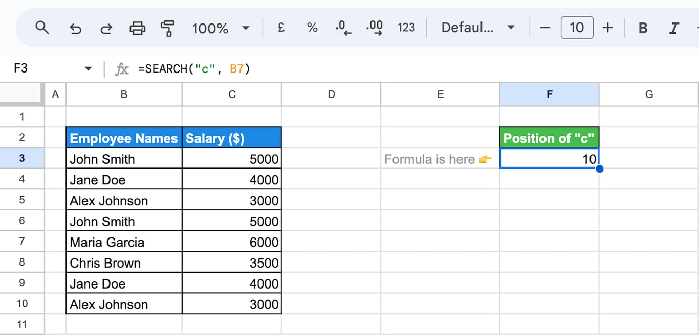 Finding the position of a particular character within a text string using the SEARCH function in Google Sheets.