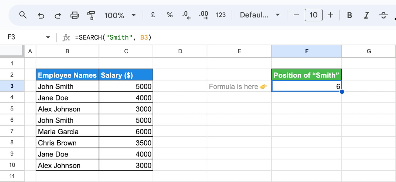 Using the SEARCH function in Google Sheets to find a specific word within a given text string.