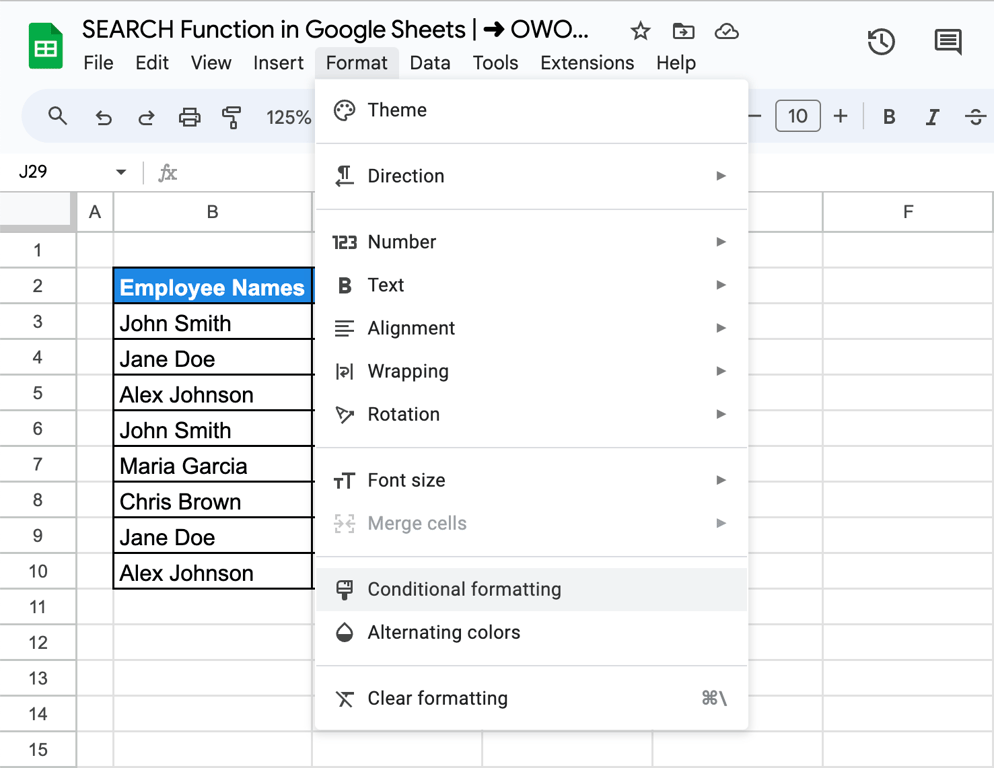Applying conditional formatting in Google Sheets based on search results from the SEARCH function.