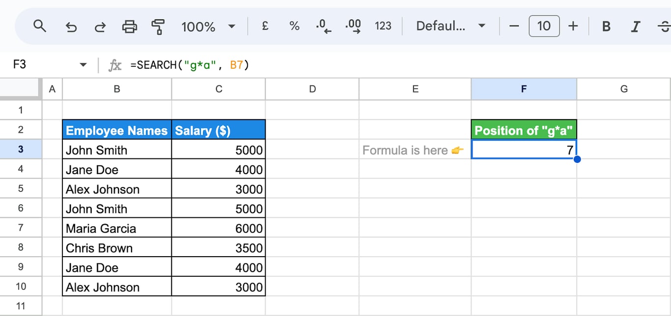 Using wildcards in the SEARCH function in Google Sheets to match patterns in text.
