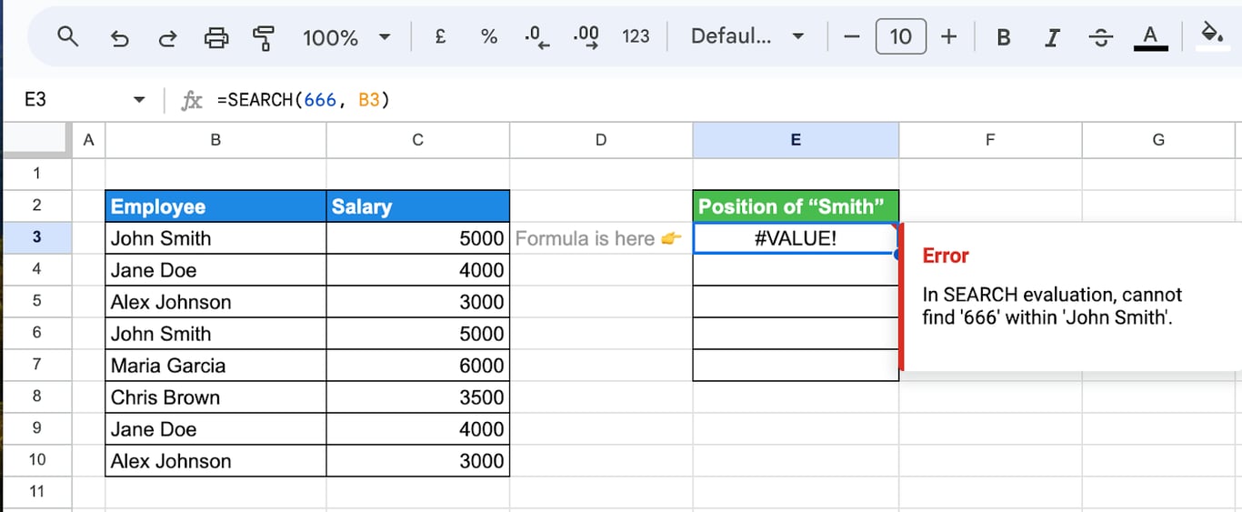 #VALUE! error shown in the SEARCH function due to incorrect input or arguments.