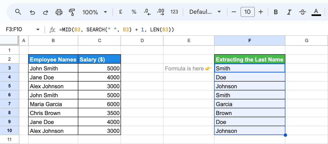 Demonstrating how to combine the SEARCH function with the MID function to extract text from a string.