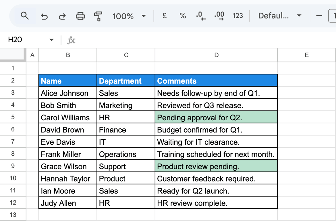 Google Sheets with rows highlighted where the Comments column contains the word “pending”