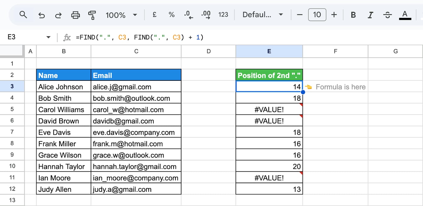 Google Sheets with FIND used to locate the position of the first dot, then the next, to find the nth occurrence