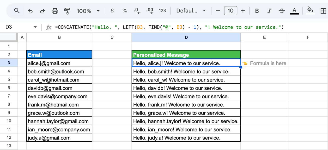 Google Sheets with CONCATENATE building a greeting around text found with FIND