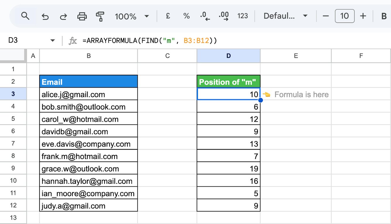 Google Sheets with FIND inside ARRAYFORMULA searching every cell in a range for the letter m