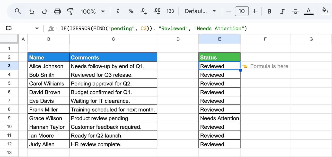 Google Sheets with FIND wrapped in IF and ISERROR, returning a custom result when “pending” is or is not found