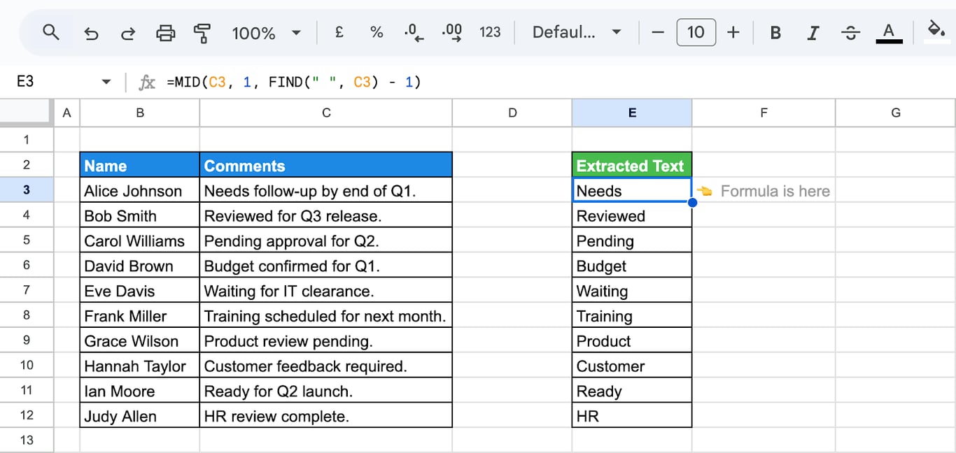 Google Sheets with FIND and MID extracting the first word of each comment, the characters before the first space