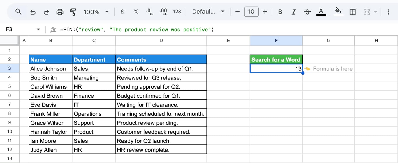 Google Sheets with FIND locating a whole word inside a text string